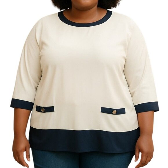 NEW Talbots Womens Career Top White Navy Blue Trim Button Plus Size X | 12-14 - Picture 1 of 14